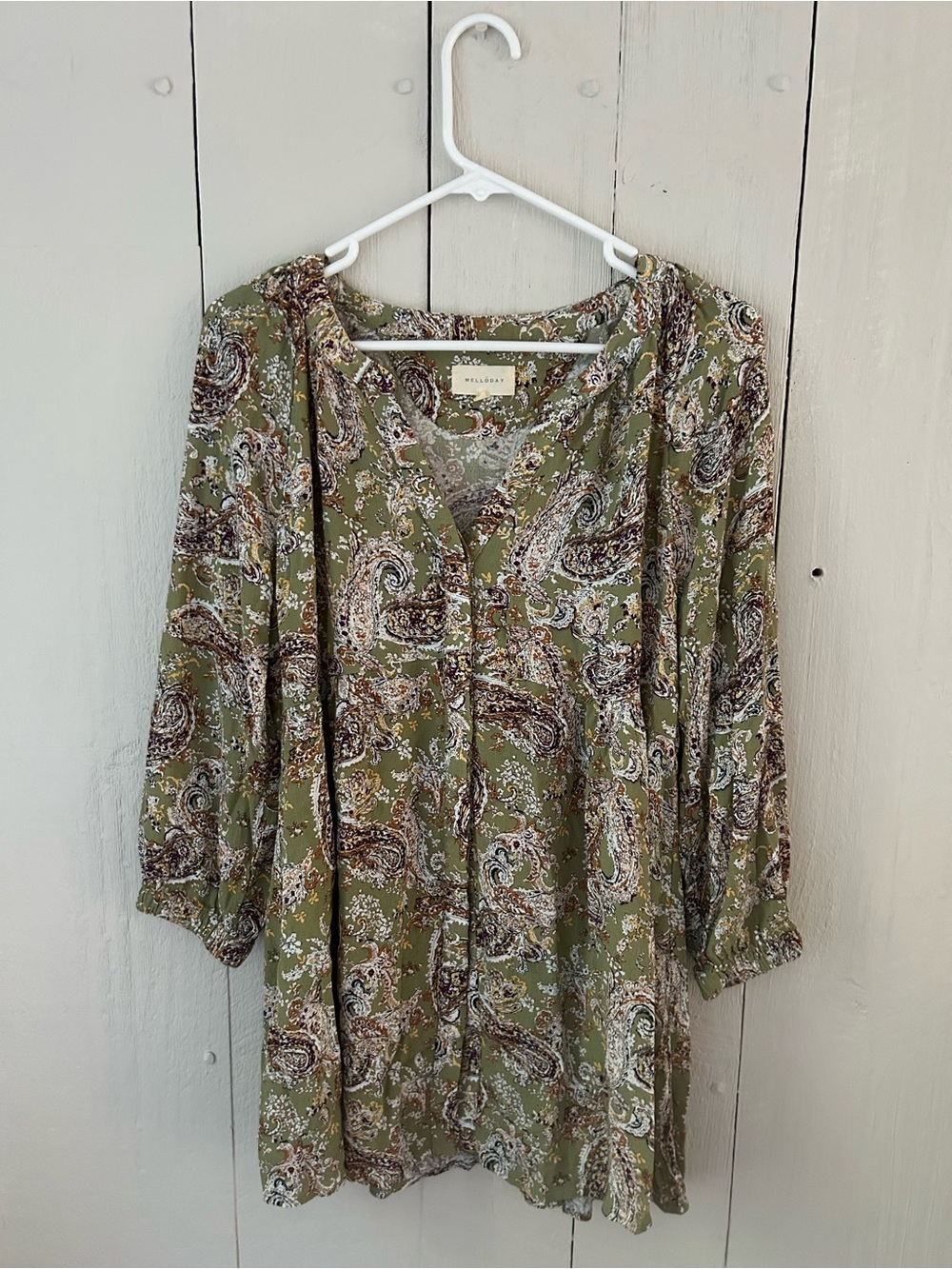 MELLODAY Olive Paisley Button-Front Tunic with Brown and Cream Details